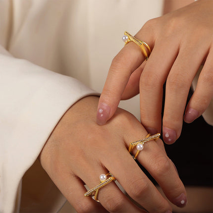 New cross-border personality simple niche design copper material geometric set diamond imitation pearl open ring jewelry wholesale