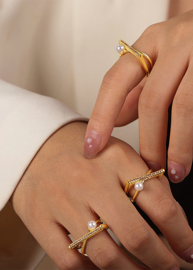 New cross-border personality simple niche design copper material geometric set diamond imitation pearl open ring jewelry wholesale