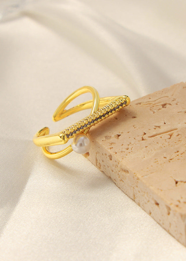 New cross-border personality simple niche design copper material geometric set diamond imitation pearl open ring jewelry wholesale