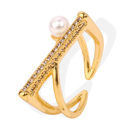 New cross-border personality simple niche design copper material geometric set diamond imitation pearl open ring jewelry wholesale