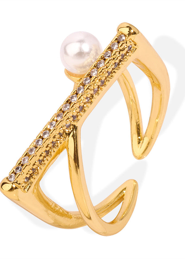 New cross-border personality simple niche design copper material geometric set diamond imitation pearl open ring jewelry wholesale