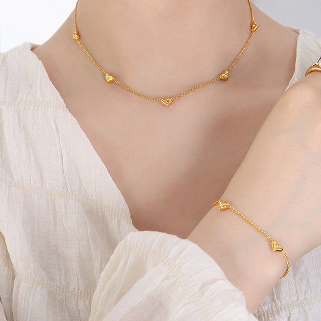 Niche fresh style zircon peach heart necklace versatile fashion bracelet personality design earrings jewelry three-piece set