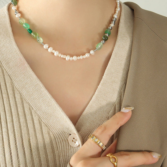 Freshwater pearl natural stone titanium steel beaded necklace jewelry factory direct creative retro fashionable personality design