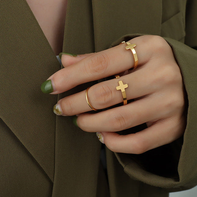 European and American ins style niche light luxury cross open ring couple titanium steel plated 18K real gold hand jewelry A277