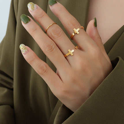 European and American ins style niche light luxury cross open ring couple titanium steel plated 18K real gold hand jewelry A277