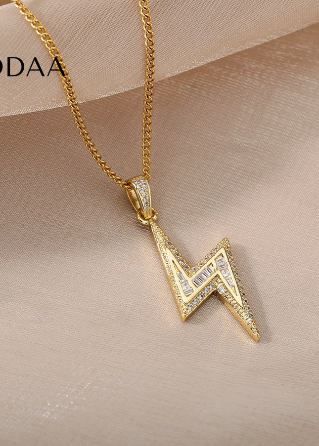 Noire Pendant Necklace | Gold Zirconia Lightning Bolt Chain - Gold - Necklaces