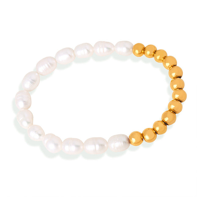 The new light luxury and versatile high-end natural freshwater pearl hand-beaded titanium steel gold-plated bracelet jewelry of the Queen Mother of the West