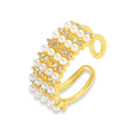 Hepburn style, elegant temperament, light luxury style, diamond-set ring, shell bead design, copper material, hollow opening index finger ring