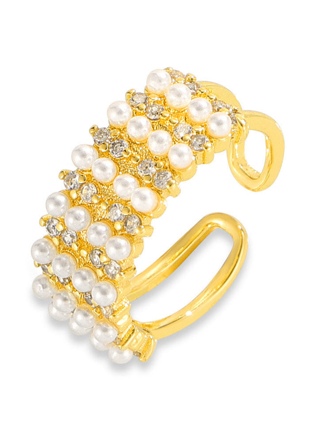 Hepburn style, elegant temperament, light luxury style, diamond-set ring, shell bead design, copper material, hollow opening index finger ring