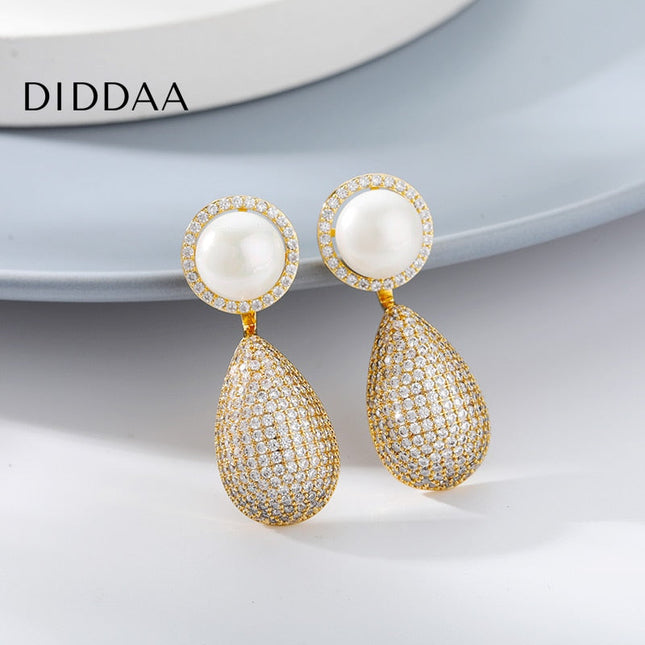 Nouvea Earrings | Gold Zirconia Pearl Luxury Drop Earrings - Earrings