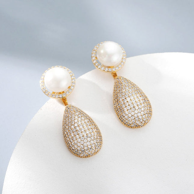Nouvea Earrings | Gold Zirconia Pearl Luxury Drop Earrings - Gold - Earrings