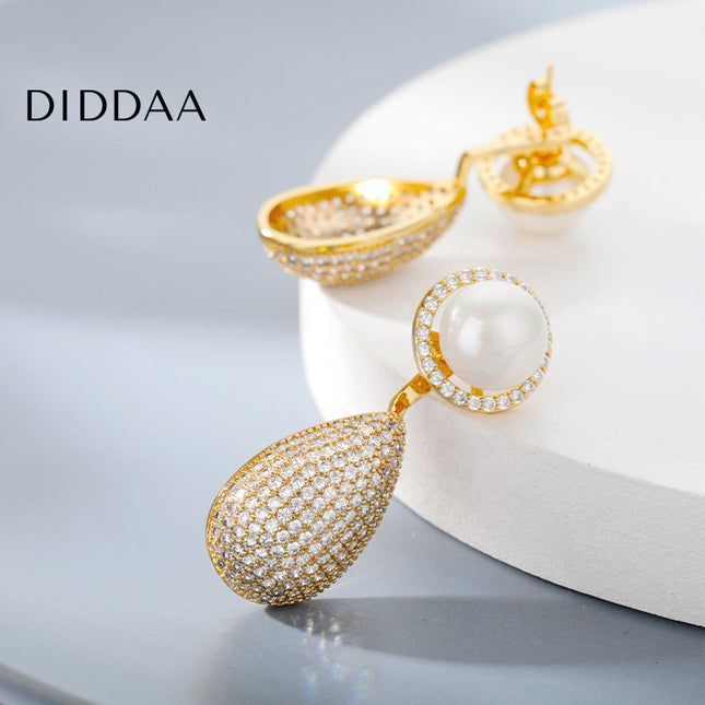 Nouvea Earrings | Gold Zirconia Pearl Luxury Drop Earrings - Earrings