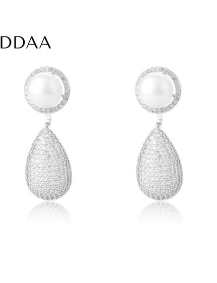 Nouvea Earrings | Gold Zirconia Pearl Luxury Drop Earrings - Silver - Earrings