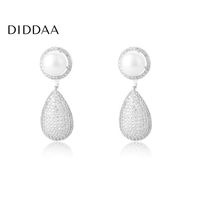 Nouvea Earrings | Gold Zirconia Pearl Luxury Drop Earrings - Silver - Earrings