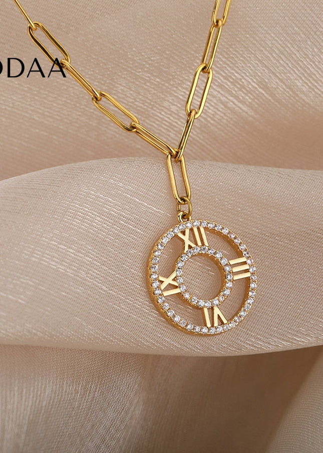 Numeral Pendant Necklace | Gold Roman Numerals Zirconia Chain - Necklaces