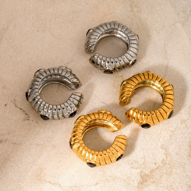 JD designer 18k gold stainless steel inlaid with black zircon bread pattern ear clips do not fade jewelry