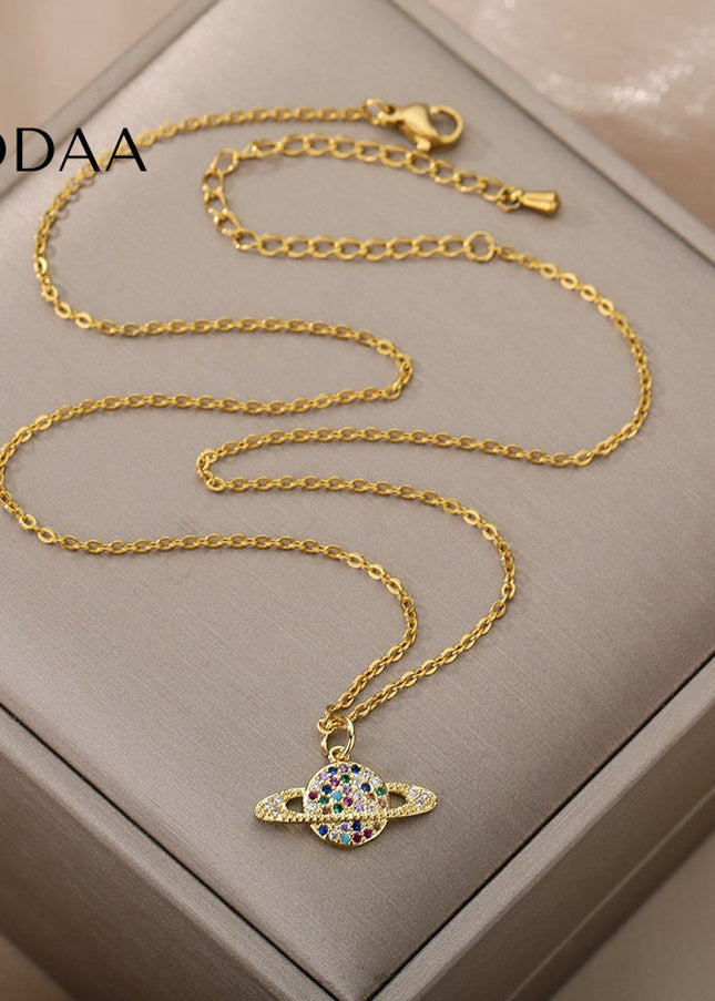 Orbital Pendant Necklace | Gold Colorful Zirconia Planet Chain - Gold - Necklaces