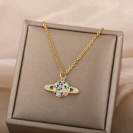 Orbital Pendant Necklace | Gold Colorful Zirconia Planet Chain - Gold - Necklaces