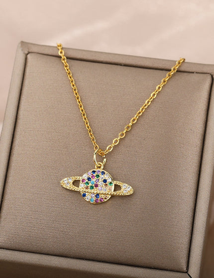 Orbital Pendant Necklace | Gold Colorful Zirconia Planet Chain - Gold - Necklaces