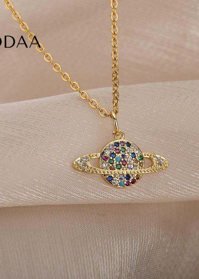 Orbital Pendant Necklace | Gold Colorful Zirconia Planet Chain - Gold - Necklaces