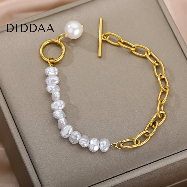 Ordre Bracelet | Gold Half Pearl Chain Link Bracelet - Gold - Bracelets