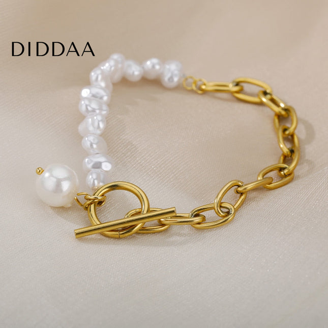 Ordre Bracelet | Gold Half Pearl Chain Link Bracelet - Gold - Bracelets