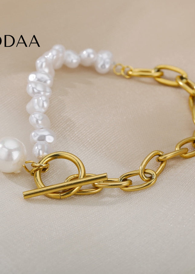 Ordre Bracelet | Gold Half Pearl Chain Link Bracelet - Gold - Bracelets