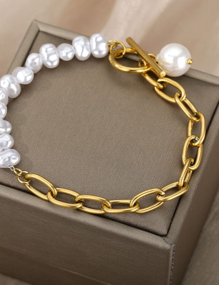 Ordre Bracelet | Gold Half Pearl Chain Link Bracelet - Gold - Bracelets