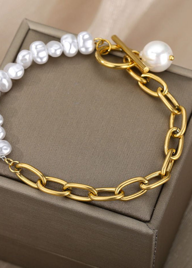 Ordre Bracelet | Gold Half Pearl Chain Link Bracelet - Gold - Bracelets