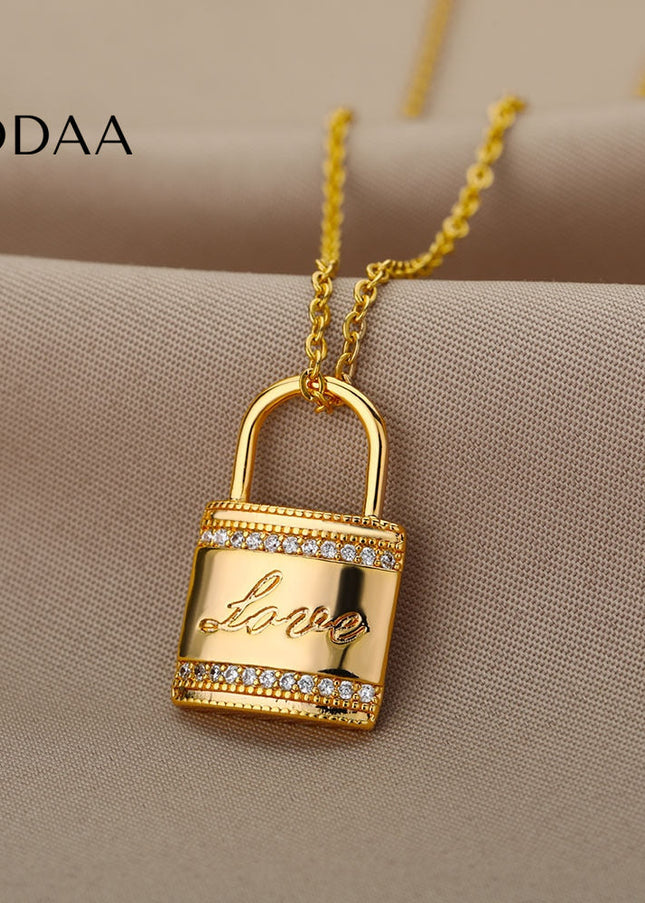 Ouvrir Pendant Necklace | Gold Love Lock Zirconia Chain - Necklaces