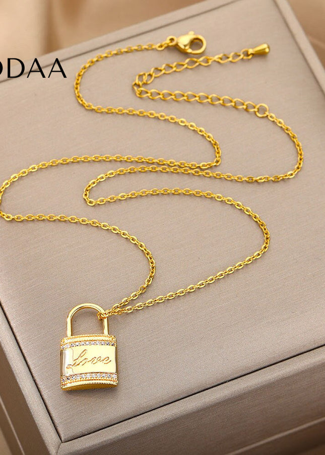 Ouvrir Pendant Necklace | Gold Love Lock Zirconia Chain - Necklaces