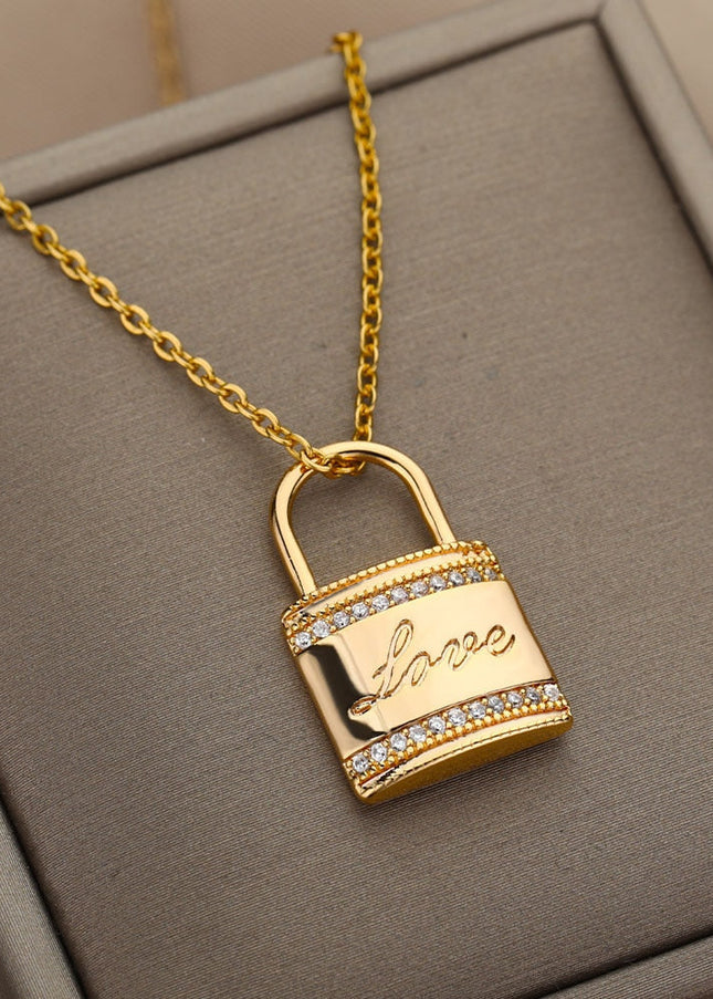 Ouvrir Pendant Necklace | Gold Love Lock Zirconia Chain - Gold - Necklaces