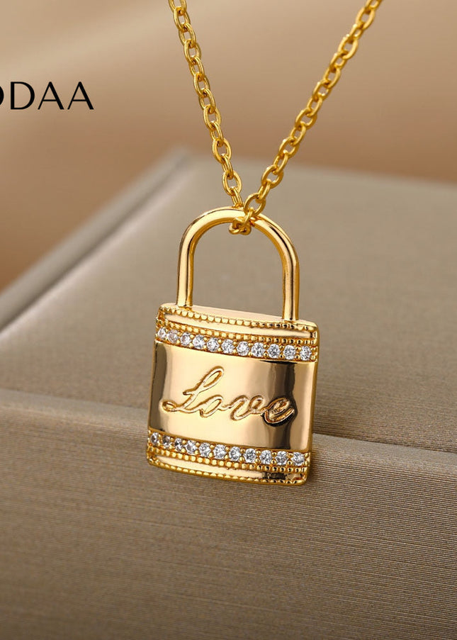 Ouvrir Pendant Necklace | Gold Love Lock Zirconia Chain - Necklaces