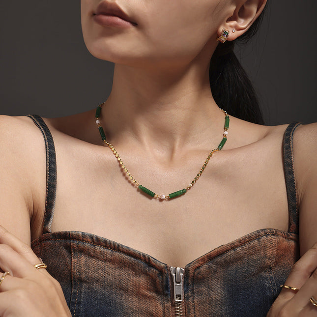 Mystery green aventurine caryophyllum necklace women's new Chinese style national tide niche versatile stainless steel clavicle chain temperament necklace