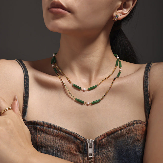 Mystery green aventurine caryophyllum necklace women's new Chinese style national tide niche versatile stainless steel clavicle chain temperament necklace