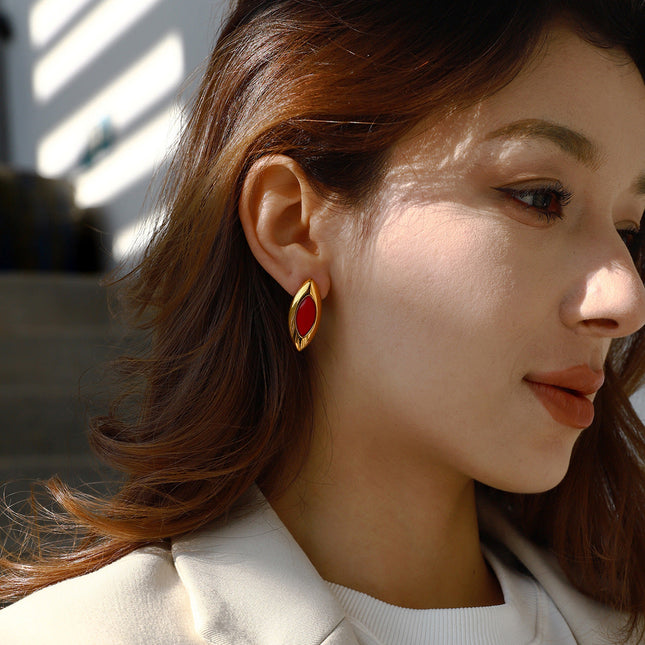 Jieding European and American stainless steel red agate earrings light luxury high-end earrings niche earrings titanium steel jewelry cross-border