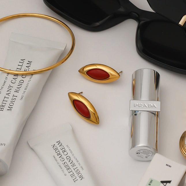 Jieding European and American stainless steel red agate earrings light luxury high-end earrings niche earrings titanium steel jewelry cross-border