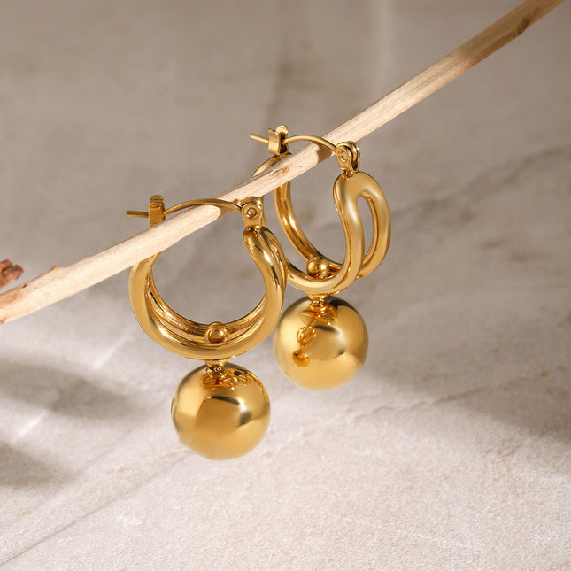 18K gold stainless steel sliding steel ball pendant earrings European and American ins net red titanium steel ball stud earrings for women