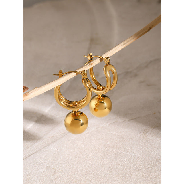 18K gold stainless steel sliding steel ball pendant earrings European and American ins net red titanium steel ball stud earrings for women