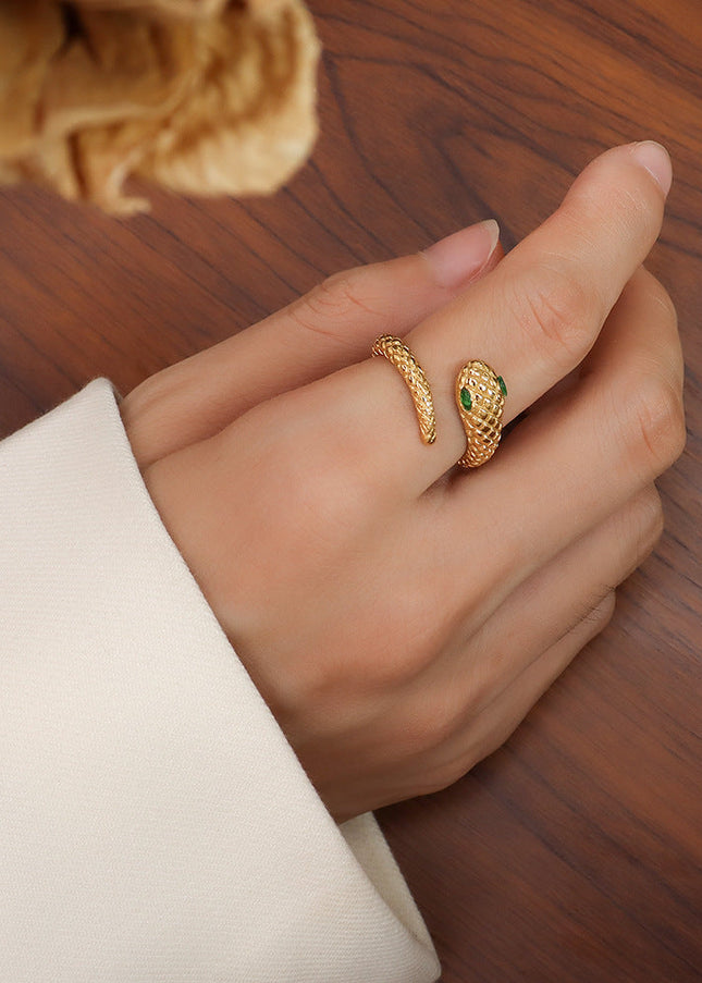 European and American niche design sense light luxury jewelry titanium steel plated 18k gold diamond snake ring opening non-adjustable female