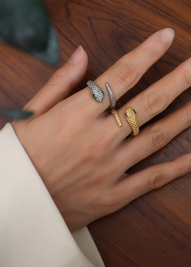European and American niche design sense light luxury jewelry titanium steel plated 18k gold diamond snake ring opening non-adjustable female