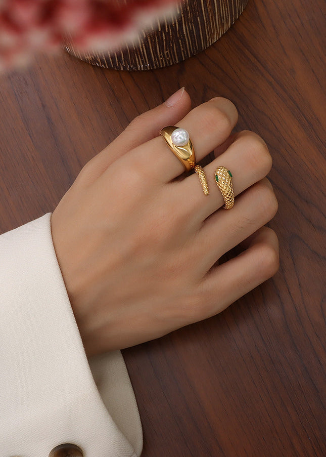 European and American niche design sense light luxury jewelry titanium steel plated 18k gold diamond snake ring opening non-adjustable female