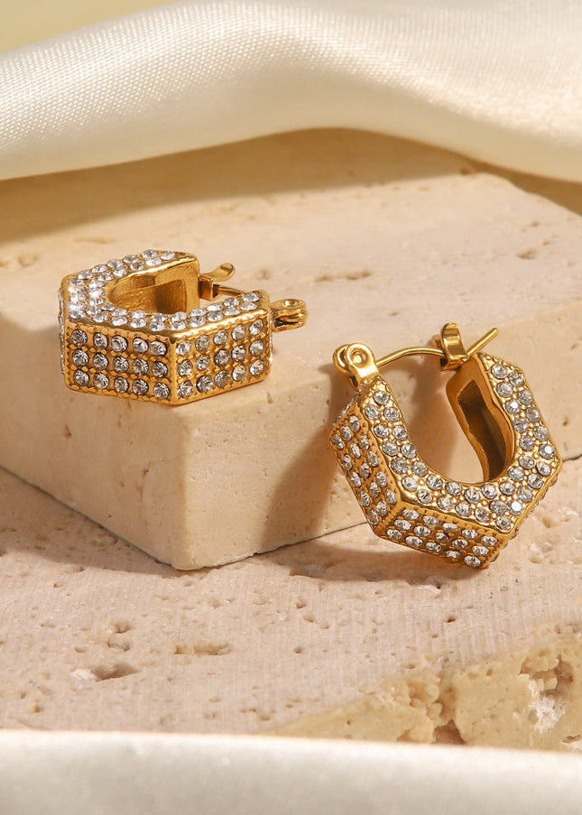 INS French style light luxury trend 18K gold geometric set white diamond earrings premium sense titanium steel hollow earrings women's style