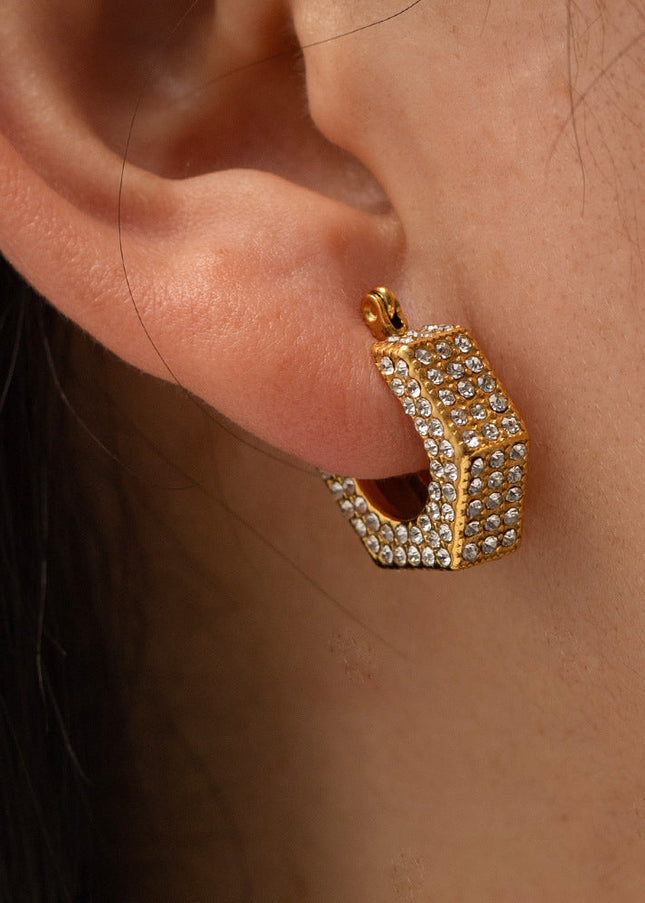 INS French style light luxury trend 18K gold geometric set white diamond earrings premium sense titanium steel hollow earrings women's style