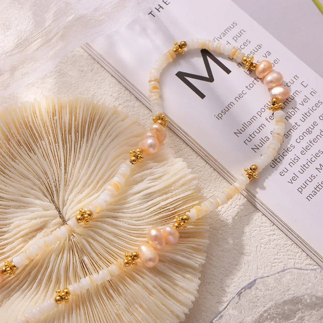 Baroque natural freshwater pearl shell beaded necklace light luxury design titanium steel plated 18k gold clavicle chain
