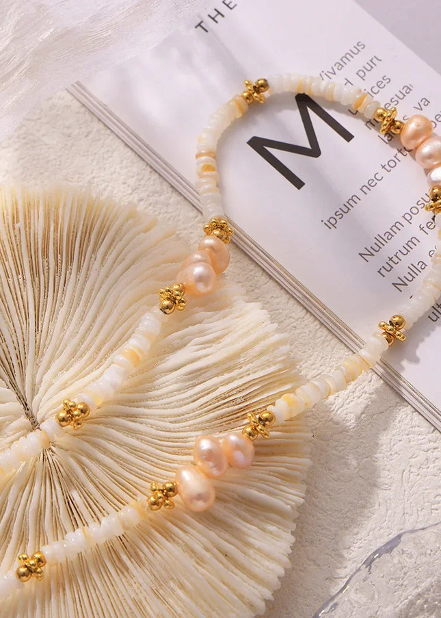 Baroque natural freshwater pearl shell beaded necklace light luxury design titanium steel plated 18k gold clavicle chain