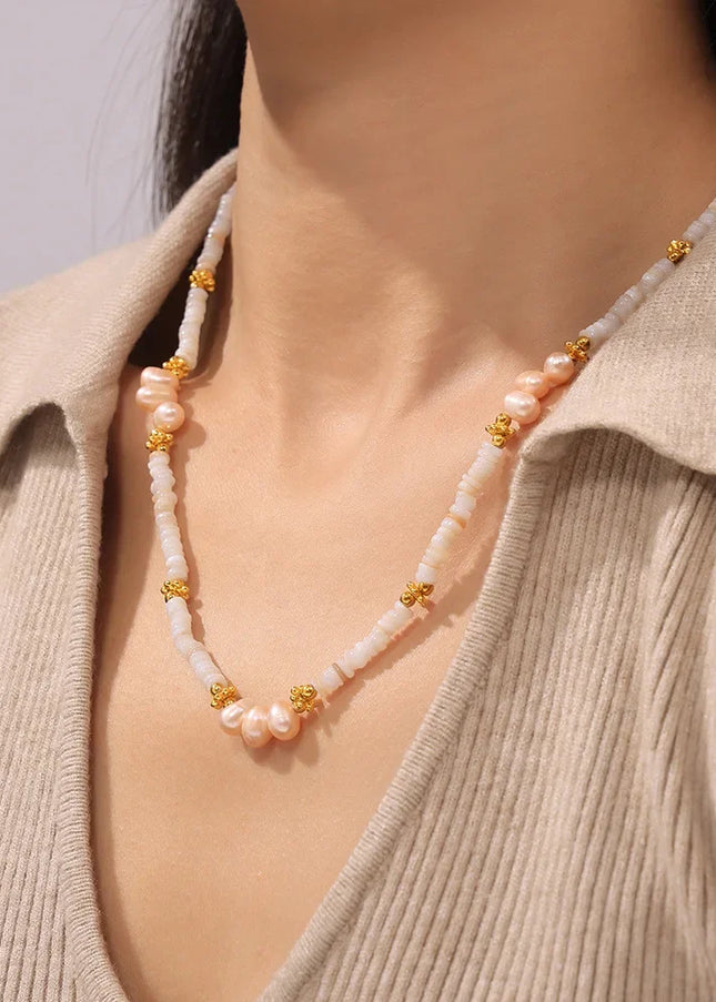 Baroque natural freshwater pearl shell beaded necklace light luxury design titanium steel plated 18k gold clavicle chain