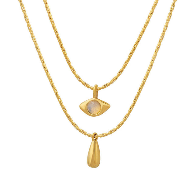 French retro non-fading double-layer titanium steel plated 18K real gold opal drop pendant necklace light luxury jewelry women