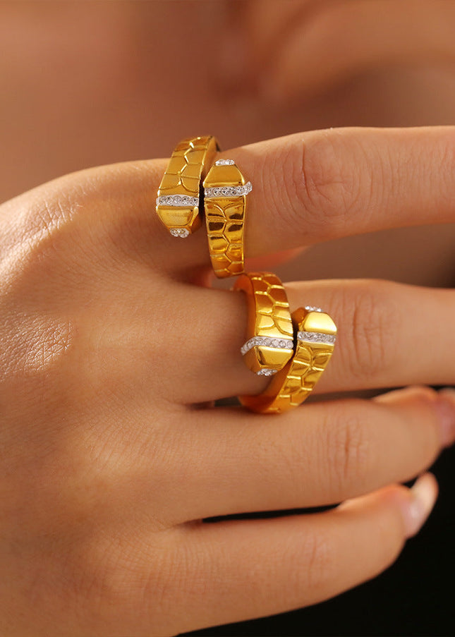 European and American INS light luxury creative stone texture inlaid rhinestone ring, titanium steel plated 18k real gold geometric open ring