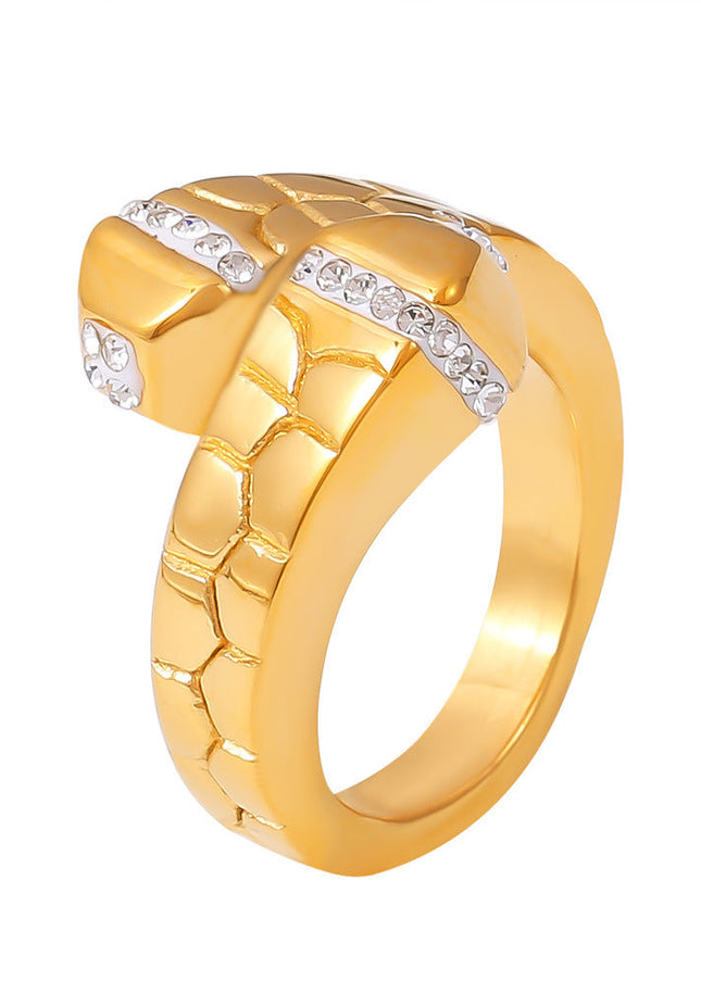 European and American INS light luxury creative stone texture inlaid rhinestone ring, titanium steel plated 18k real gold geometric open ring